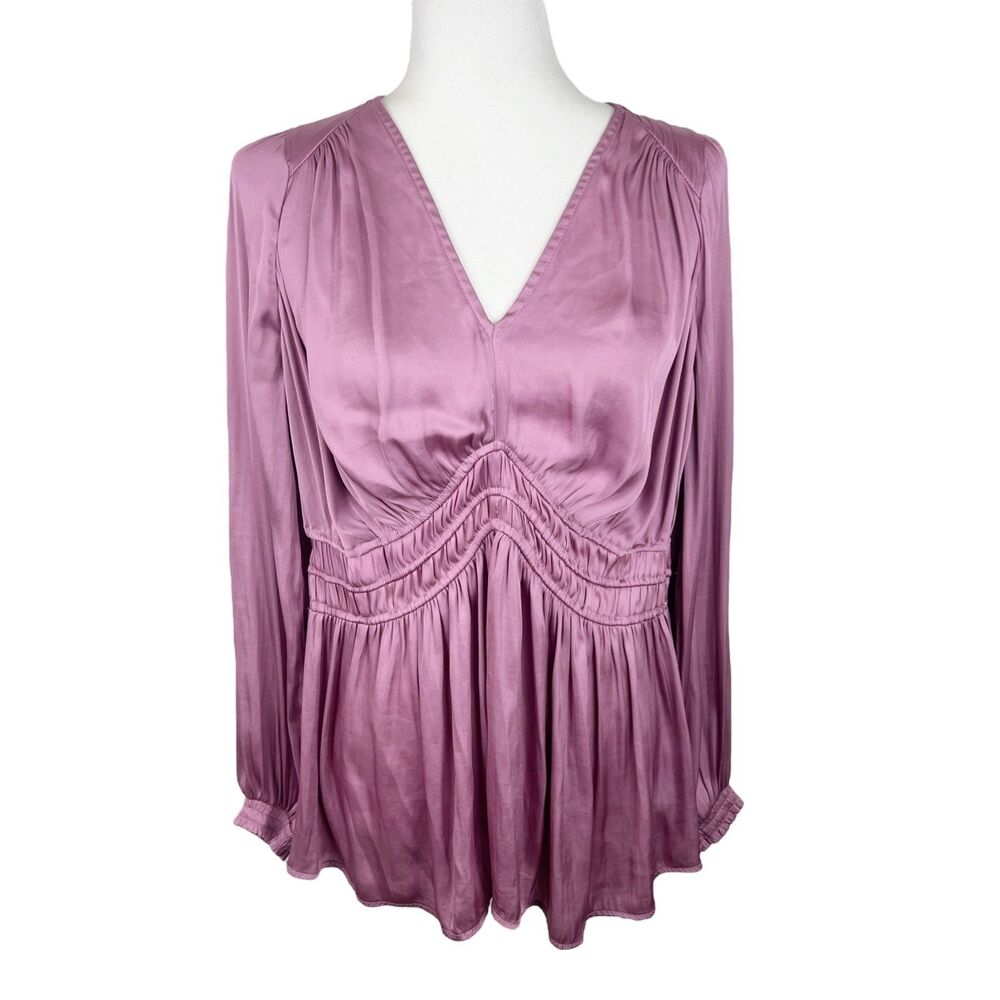 Torrid Blouse Women 00 M/L Pink Plum Solid V-Neck Long Sleeve Empire Top